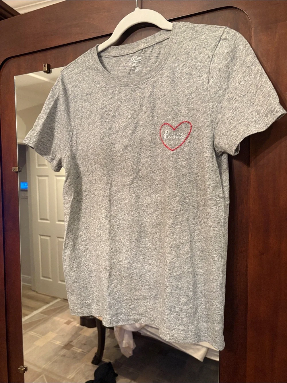 J. Crew Gray Tee with Red Heart 'grace' Embroidery